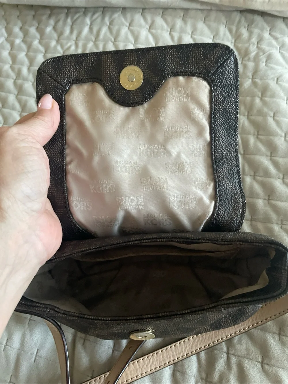 Michael Kors Brown Logo Crossbody with Pale tan Strap and Gold Plaque